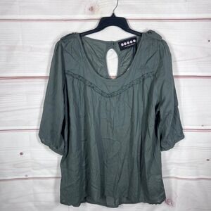 Carmakoma Blouse Women 22 Green Keyhole Back Ruffle Trim 3/4 Sleeve Cotton Blend